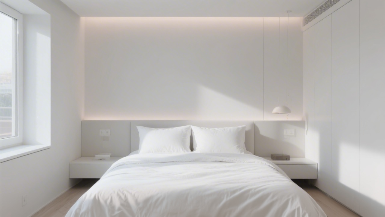 Premium bedroom with white bedding and clean architectural lines