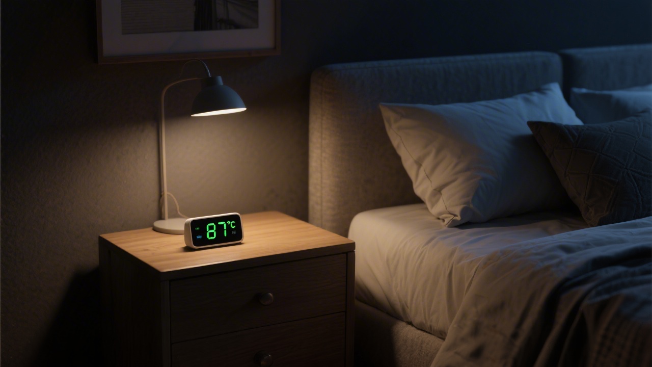 Bedroom thermometer showing optimal sleep temperature of 67F