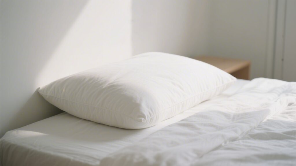 Low-loft pillow for stomach sleepers on a white bed