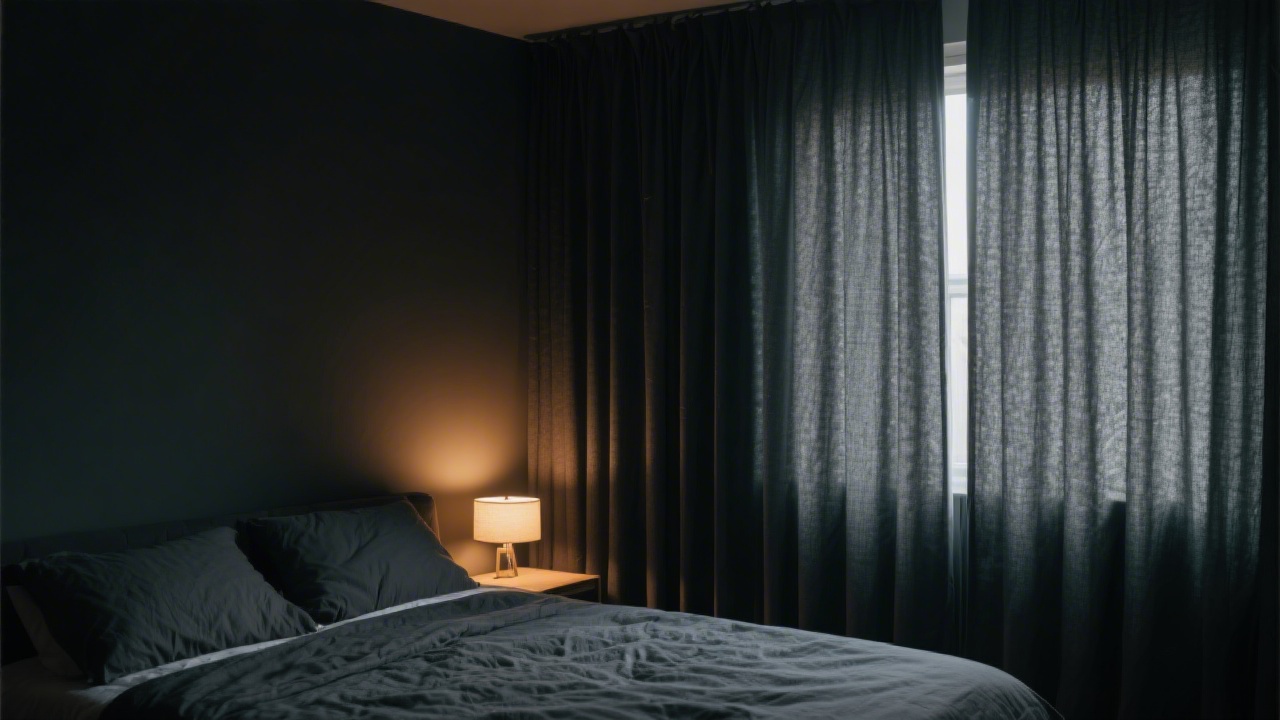 Bedroom with complete blackout curtains blocking all outside light