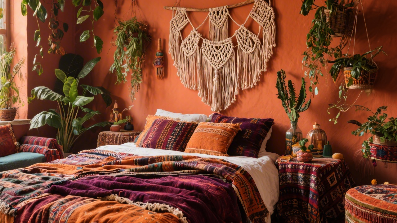 Boho bedroom with warm layered textiles and plants