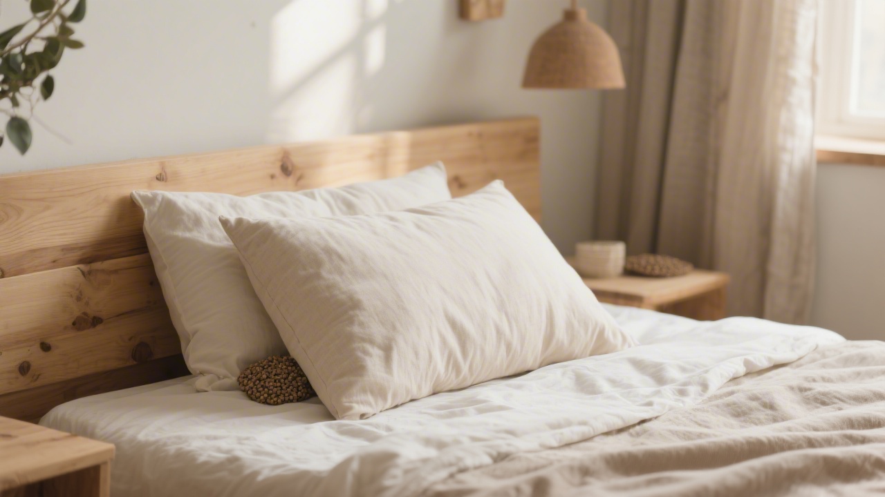 Buckwheat pillow with organic cotton cover on a natural bedroom bed