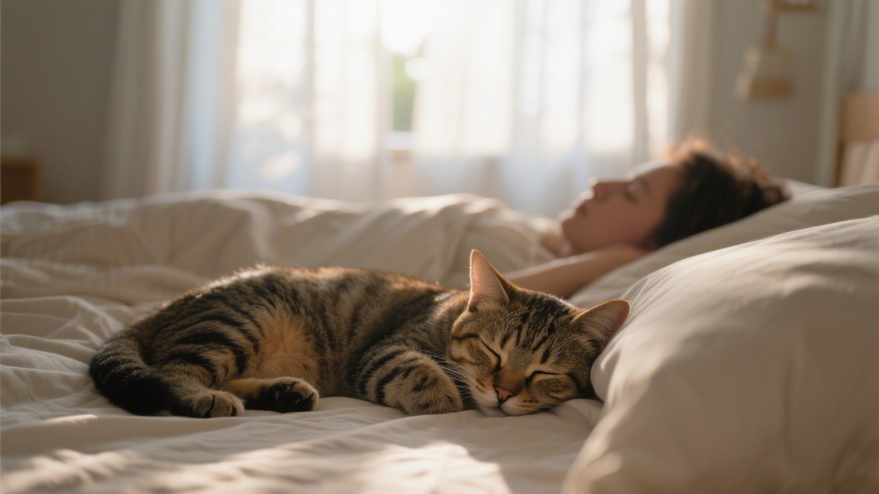 Cat sleeping on bed beside human in early morning light