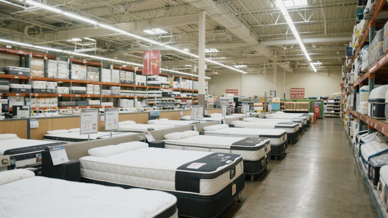 Warehouse club mattress display section with multiple mattress models on display