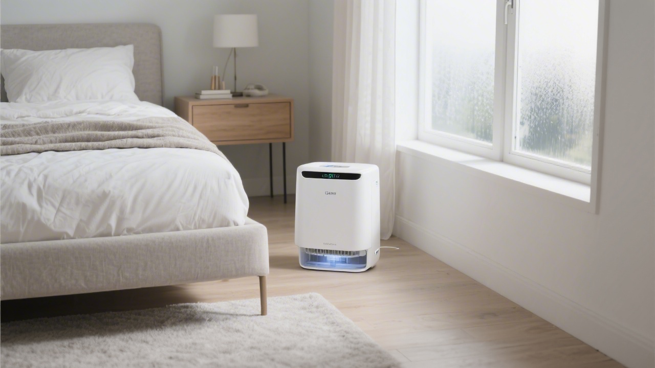 Compact bedroom dehumidifier controlling humidity for better sleep