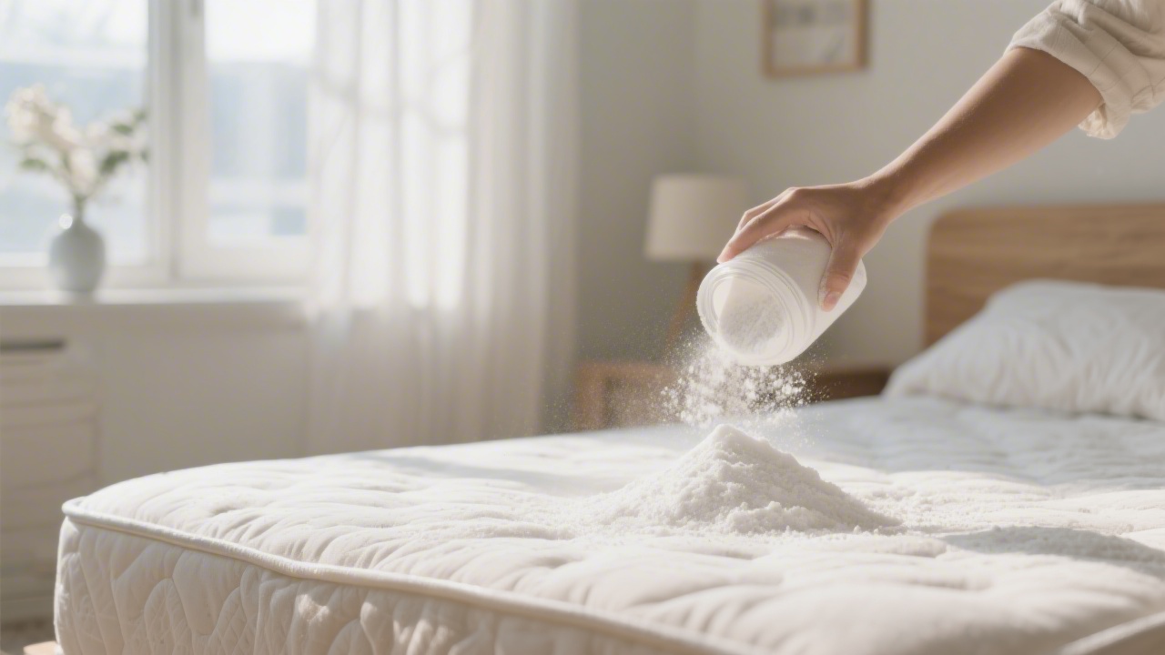 Mattress with baking soda being spread over it in a bright airy bedroom, natural light, editorial ph