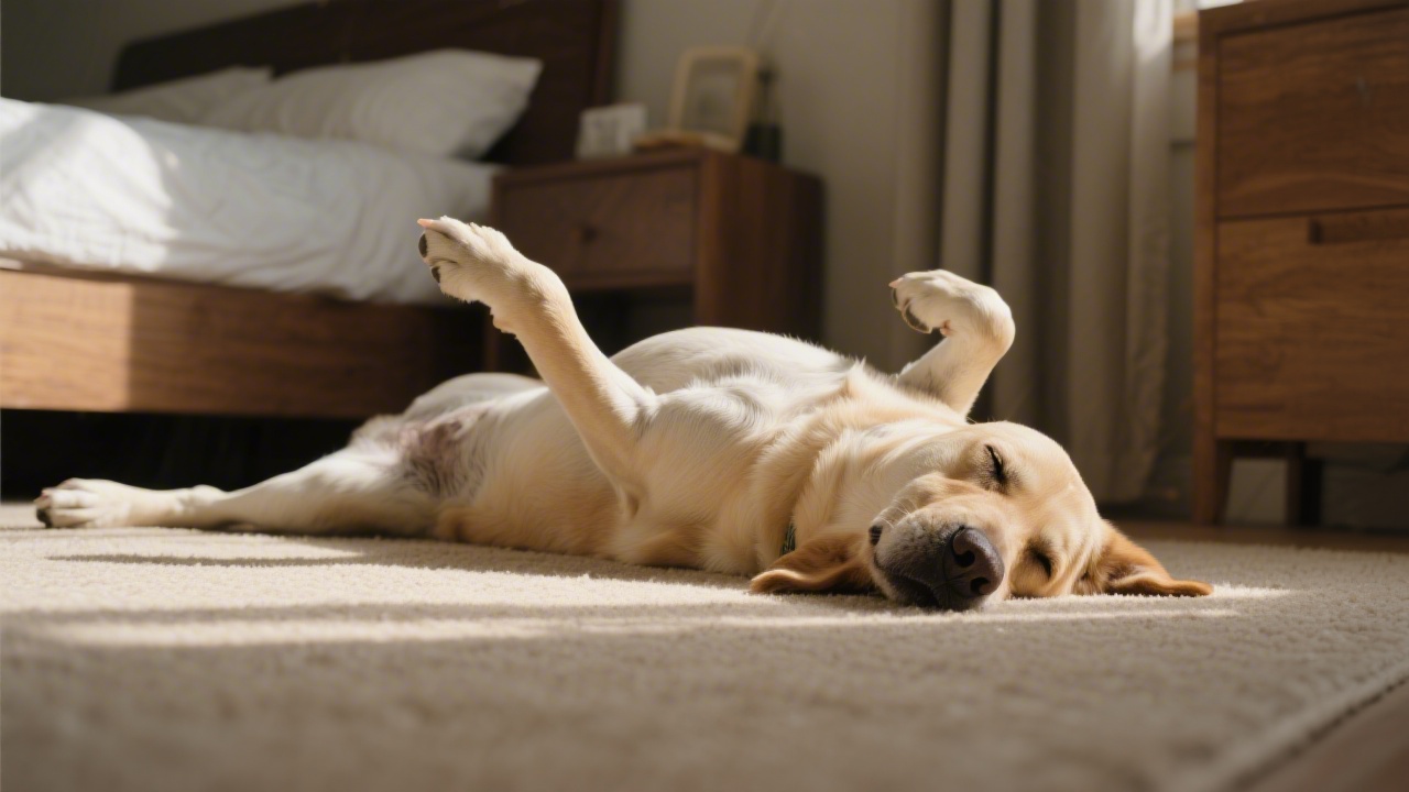 Dog sleeping on its back showing the superman sleep position
