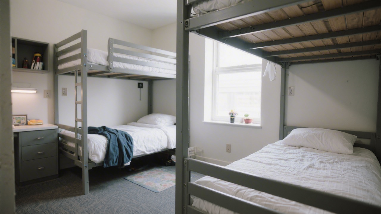 University dorm room with a twin XL mattress and organized bedding
