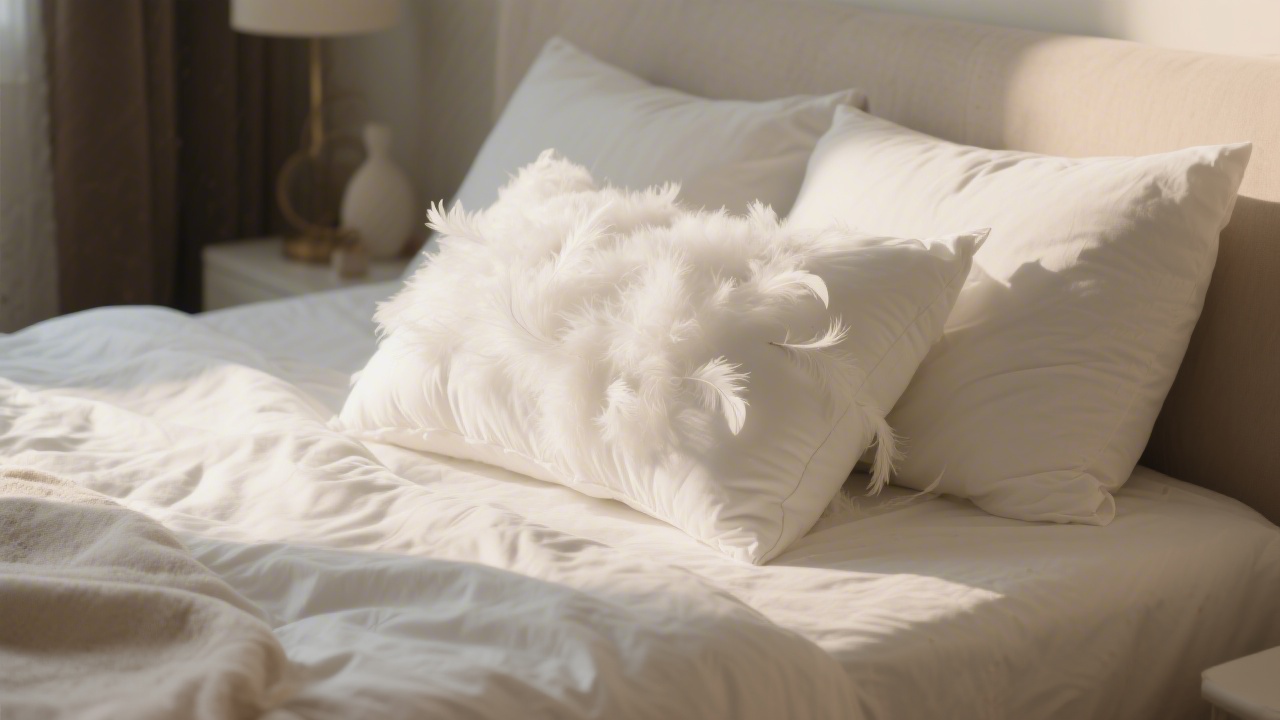 Fluffy white down pillow with premium fill visible on luxury bedding