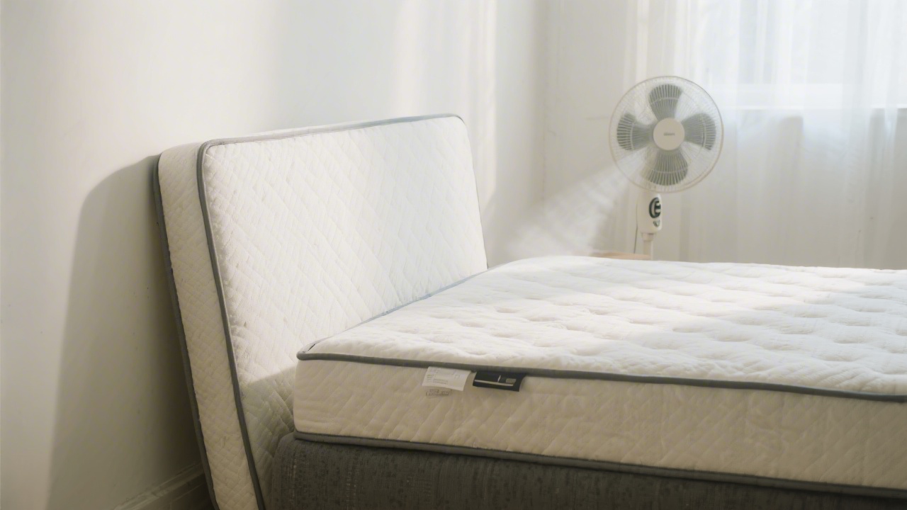 Mattress propped against a wall with a fan blowing on it in a bright room, natural light, clean edit