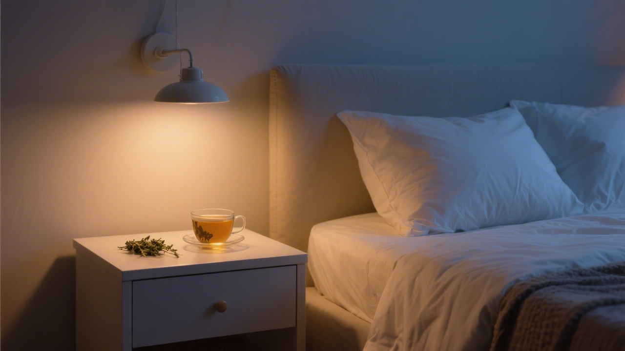 Cozy bedroom with dim warm lighting and herbal tea for evening wind-down