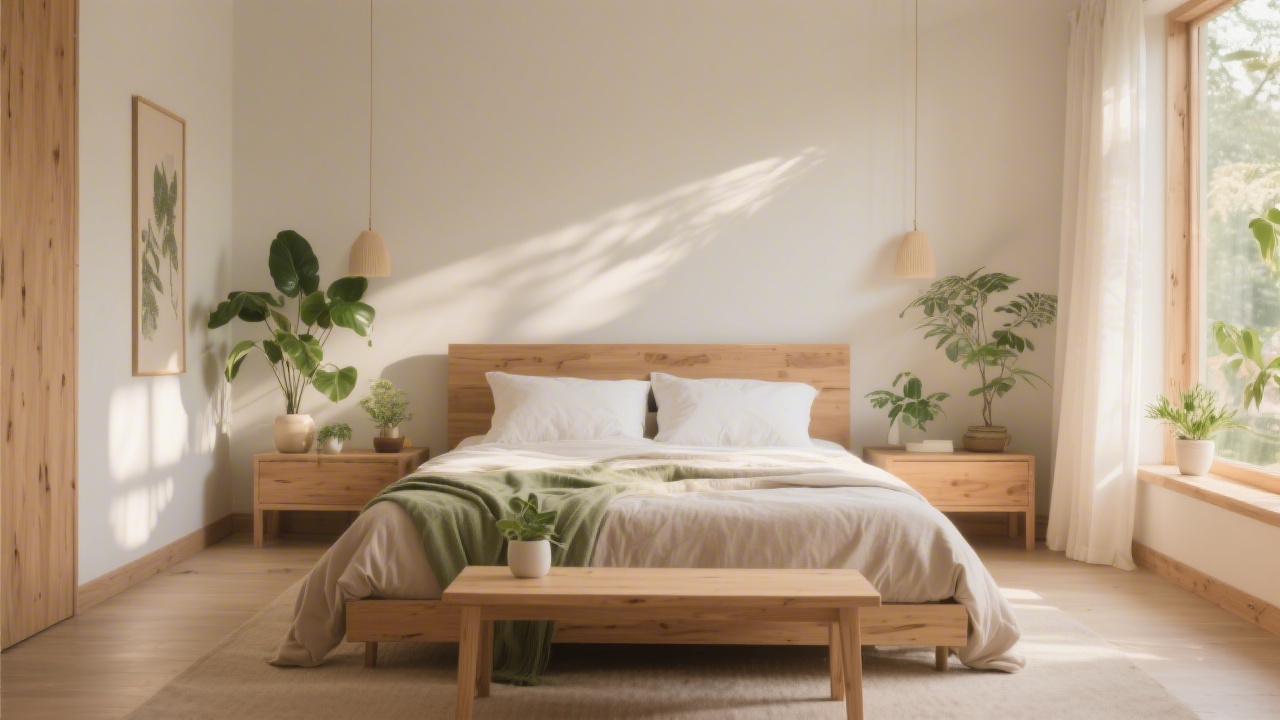 Feng shui bedroom with balanced layout and natural materials for better sleep