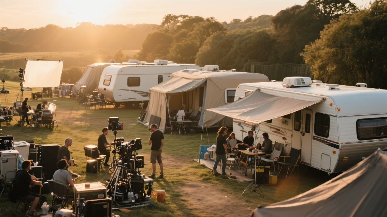Film production location trailers and crew accommodation setup