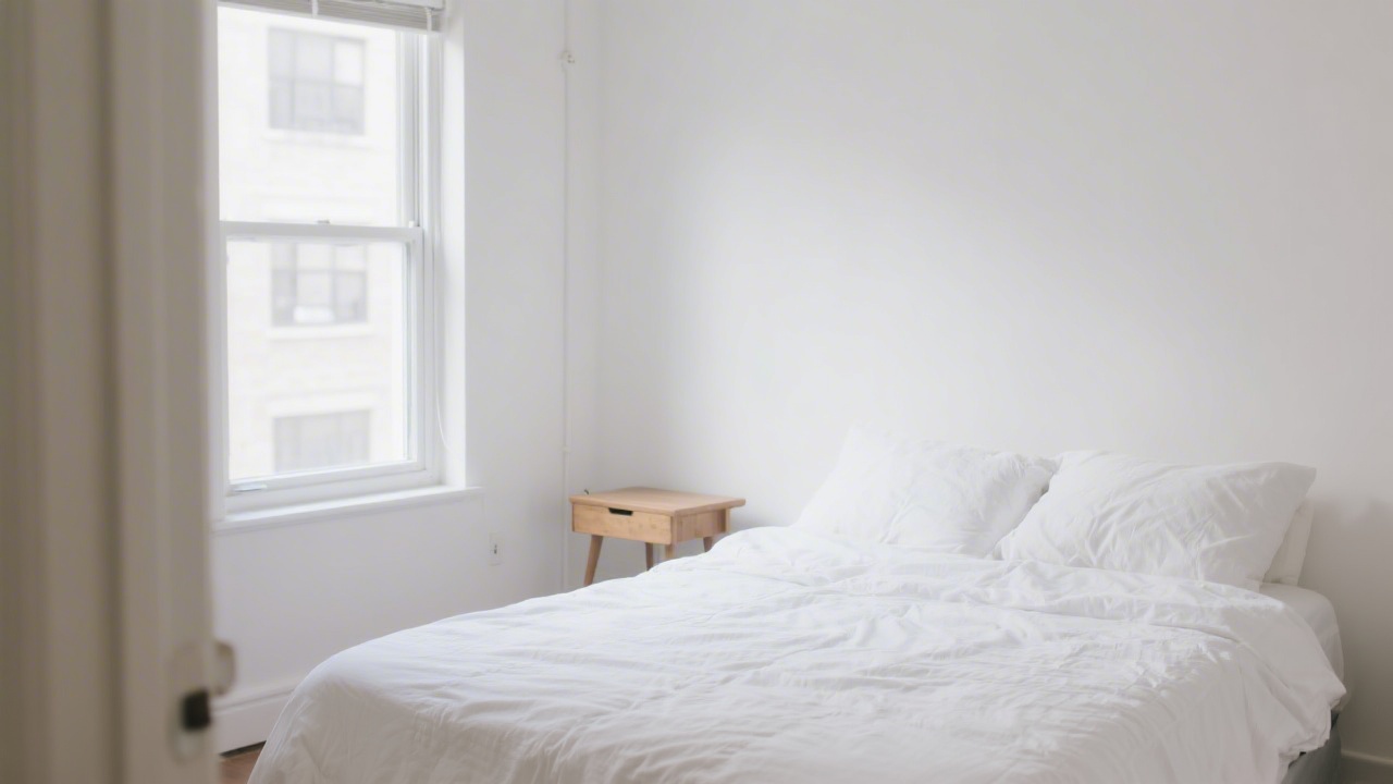 Minimalist first apartment bedroom with clean white bedding and natural light
