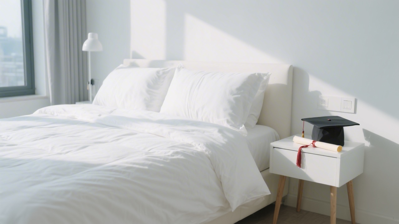 Bright modern bedroom with diploma symbolizing college graduation mattress gift