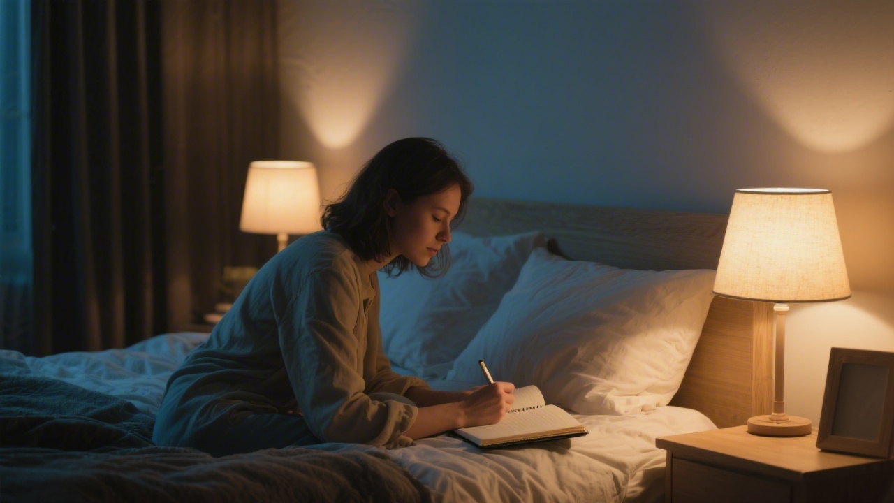 Person writing in gratitude journal in cozy bedroom at night
