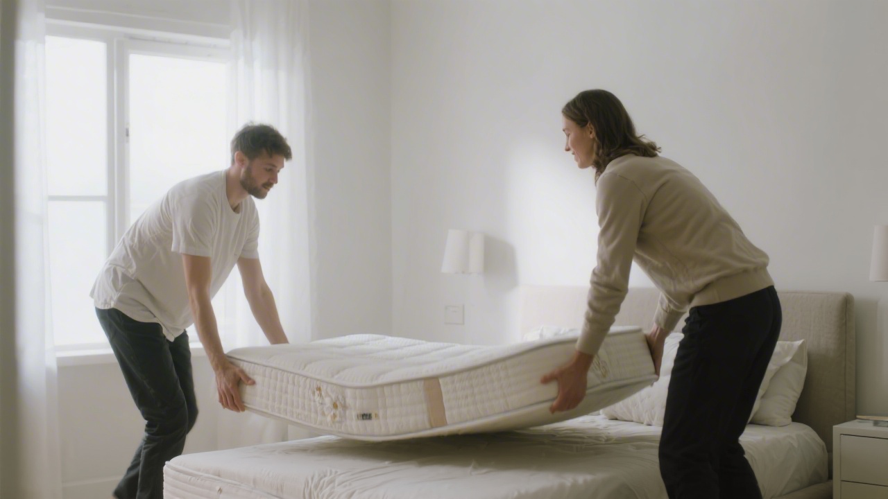 Two people moving a heavy mattress — mattress weight guide