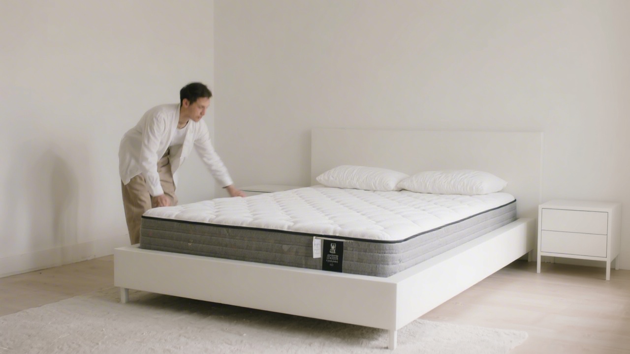 Clean bedroom with a queen mattress being repositioned on a white platform bed, neutral tones, edito