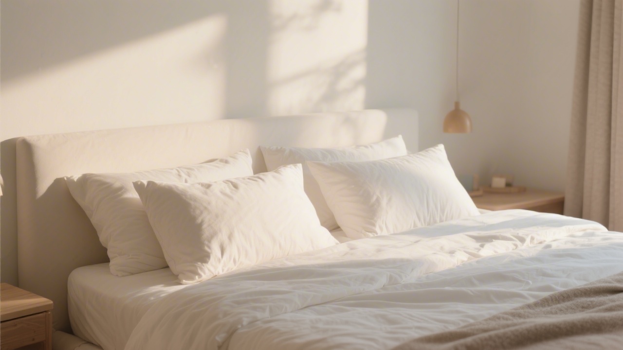 Plush pillows arranged on premium white bedding in warm light