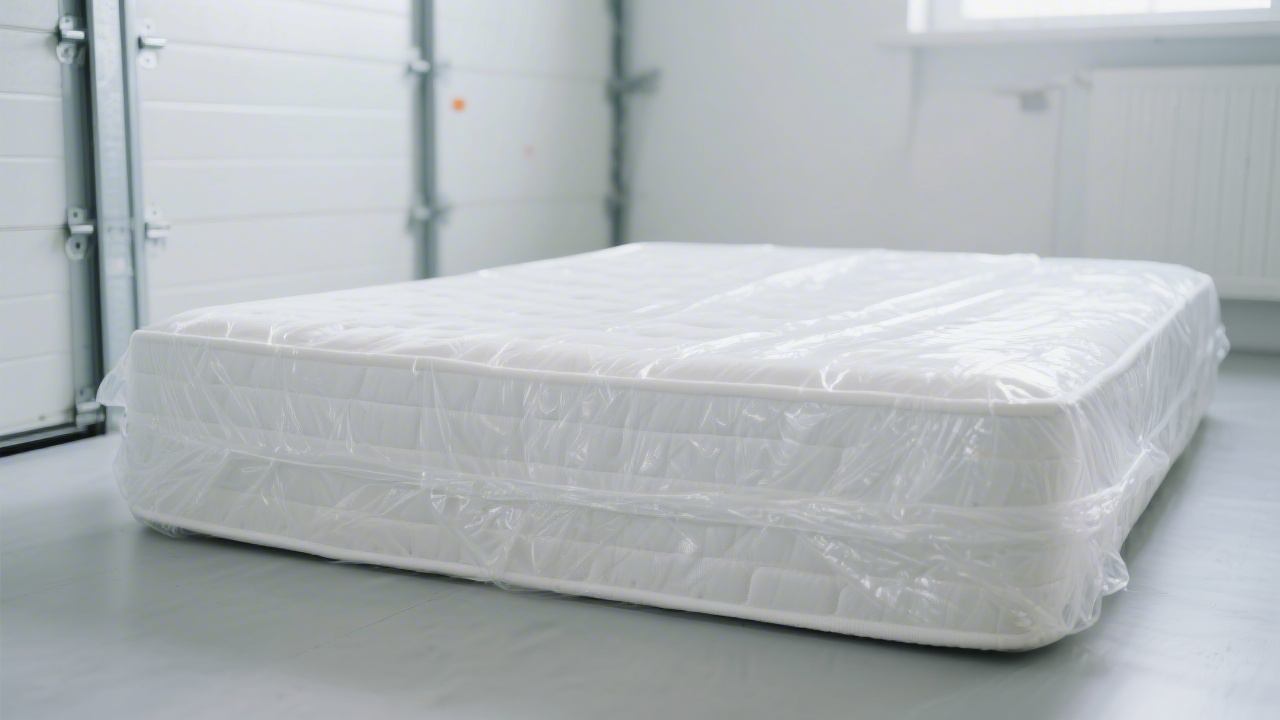 Mattress being wrapped in protective storage bag to prevent damage