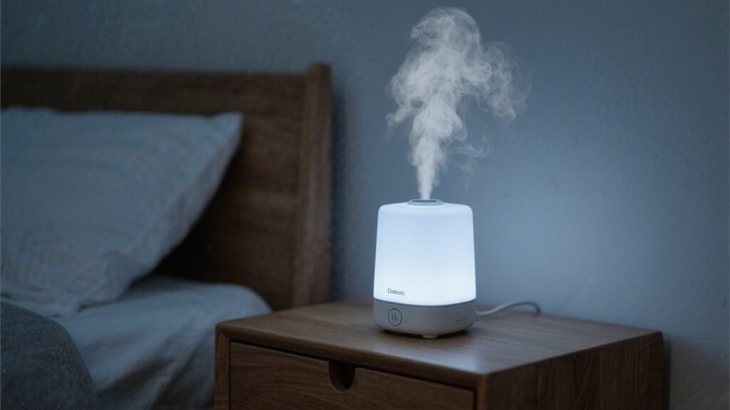 Cool mist humidifier on bedroom nightstand for better sleep