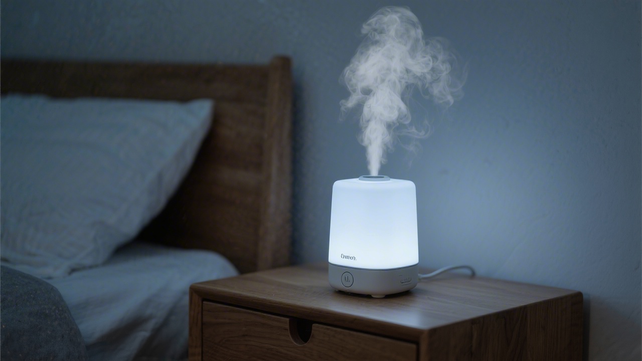 Cool mist humidifier on bedroom nightstand for better sleep