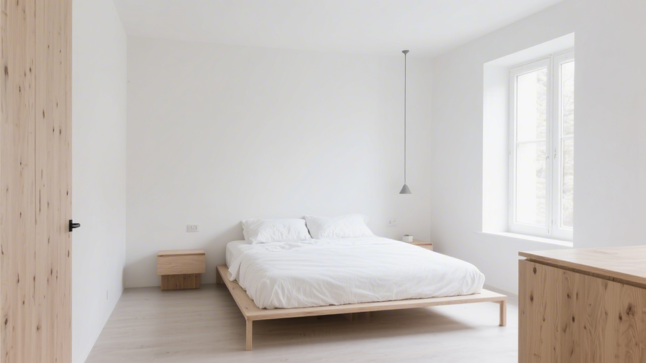 Minimalist Scandinavian bedroom with white bedding and natural wood accents
