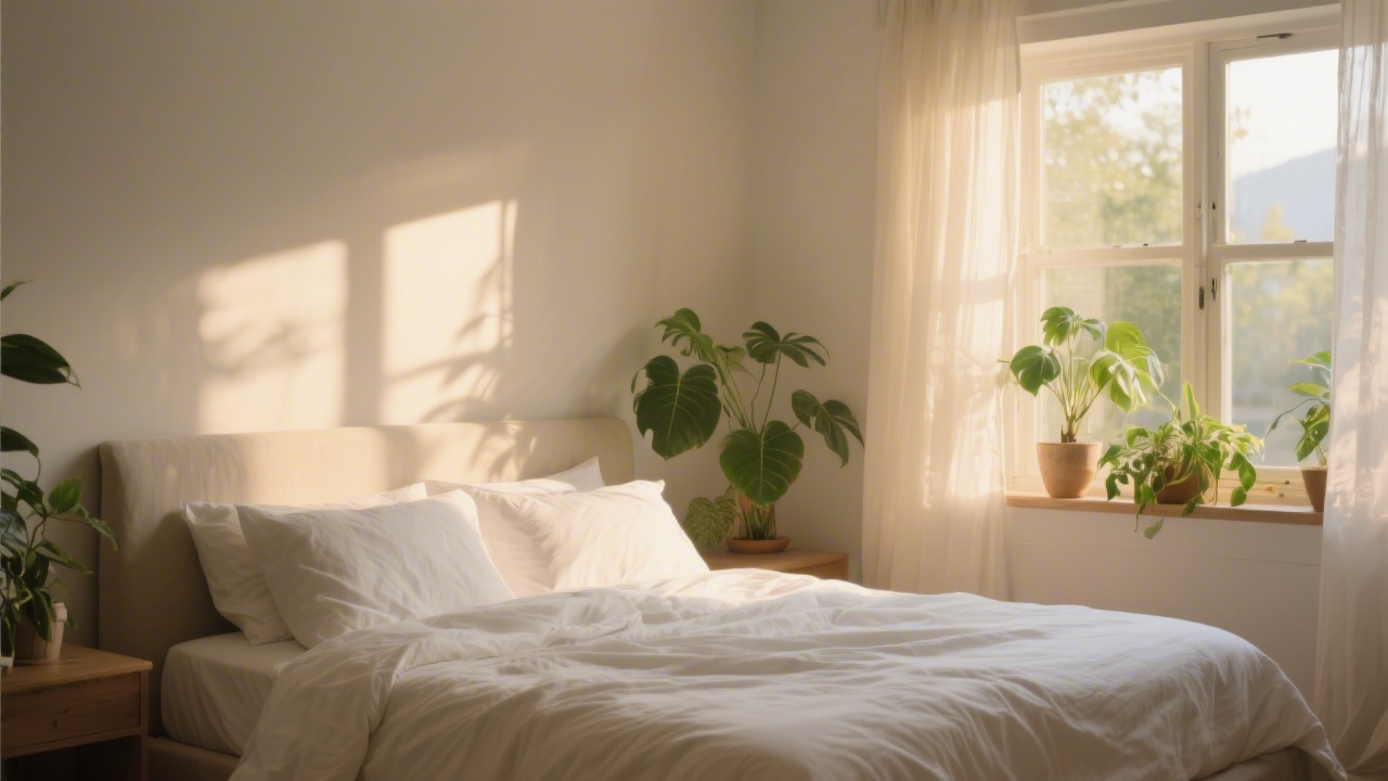 Serene bedroom with morning light illustrating natural sleep improvement