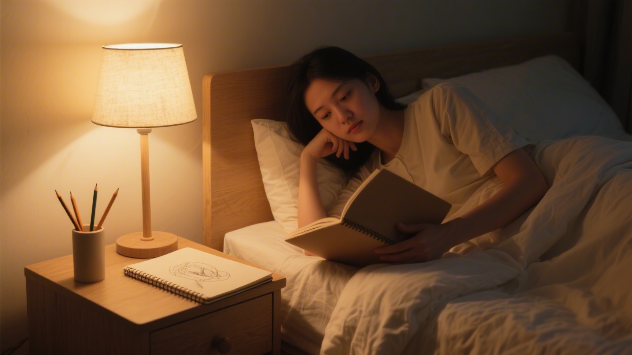 Person reviewing notes by lamp light before sleep to prime creativity
