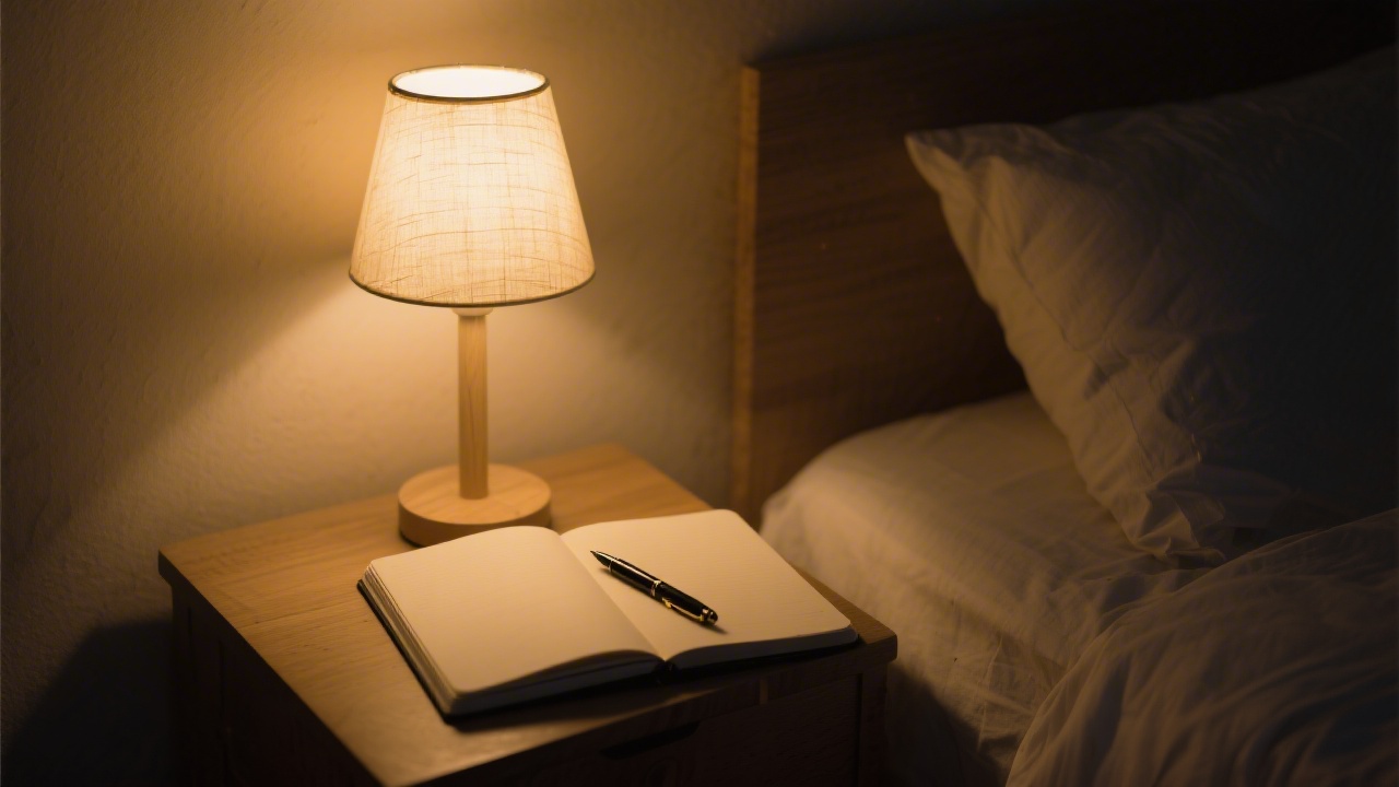 Open journal and pen beside a bedside lamp — setting sleep intentions