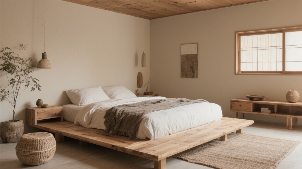 Japandi bedroom with low platform bed and natural materials