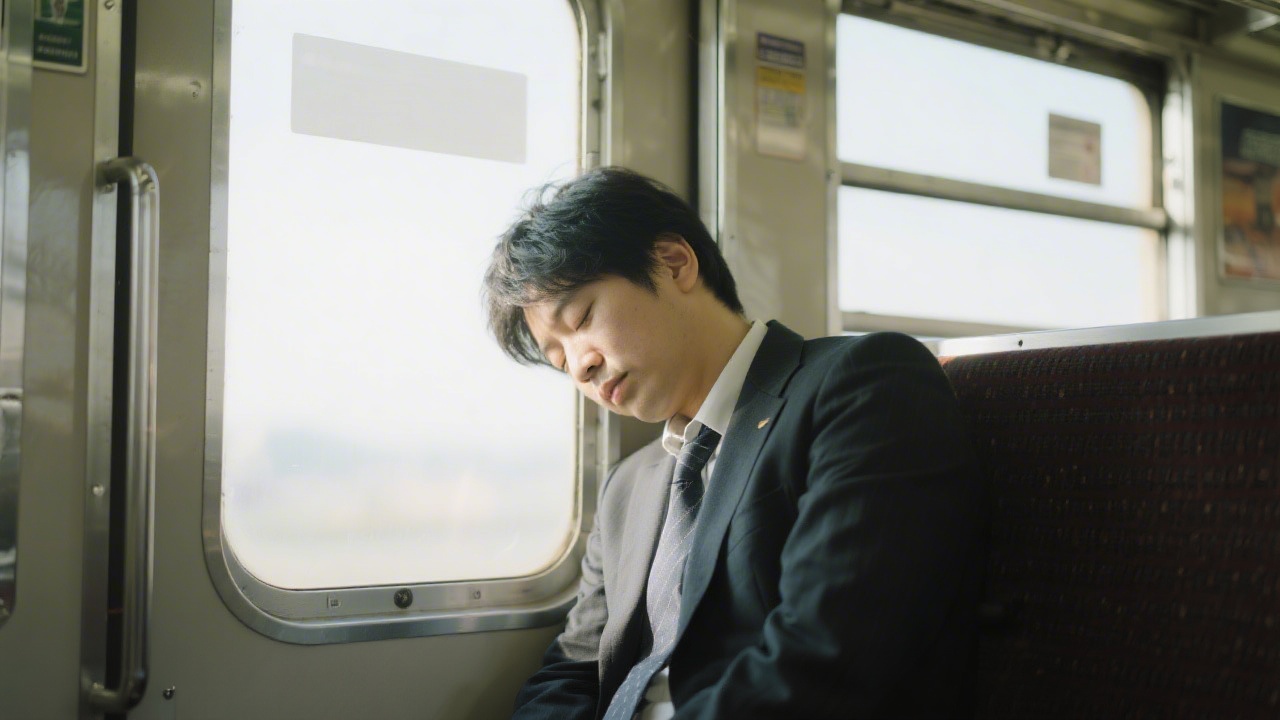 Japanese commuter practicing inemuri — sleeping upright on a train