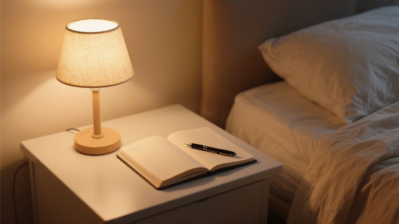 Open journal and pen on bedside table for pre-sleep writing