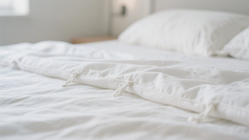 Bed sheets secured with corner straps staying neatly in place