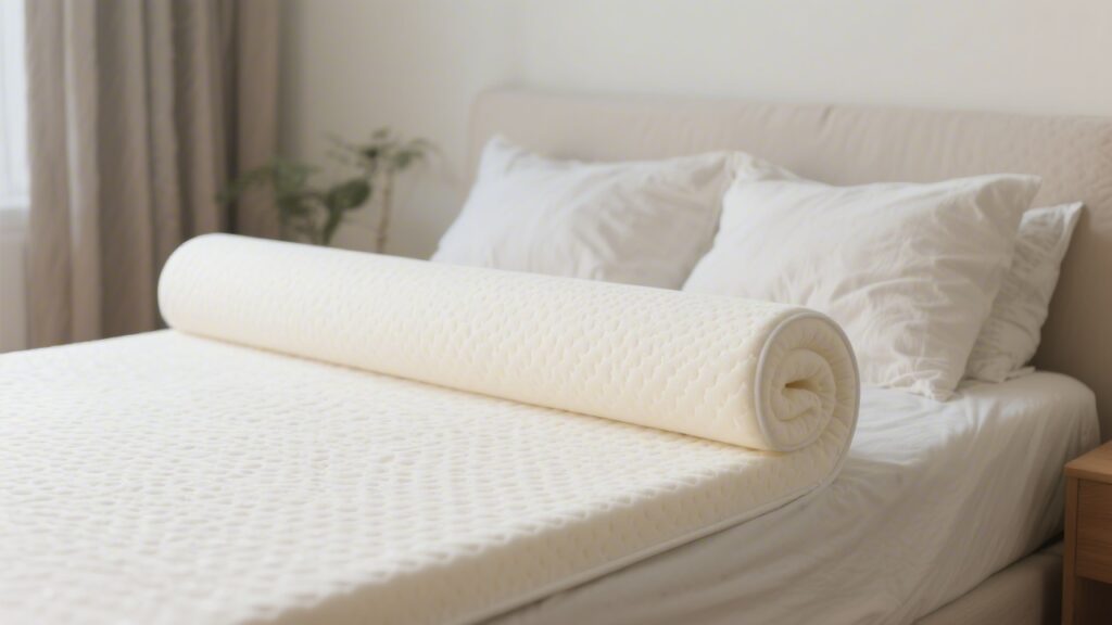 Natural latex mattress topper on bed showing texture and quality