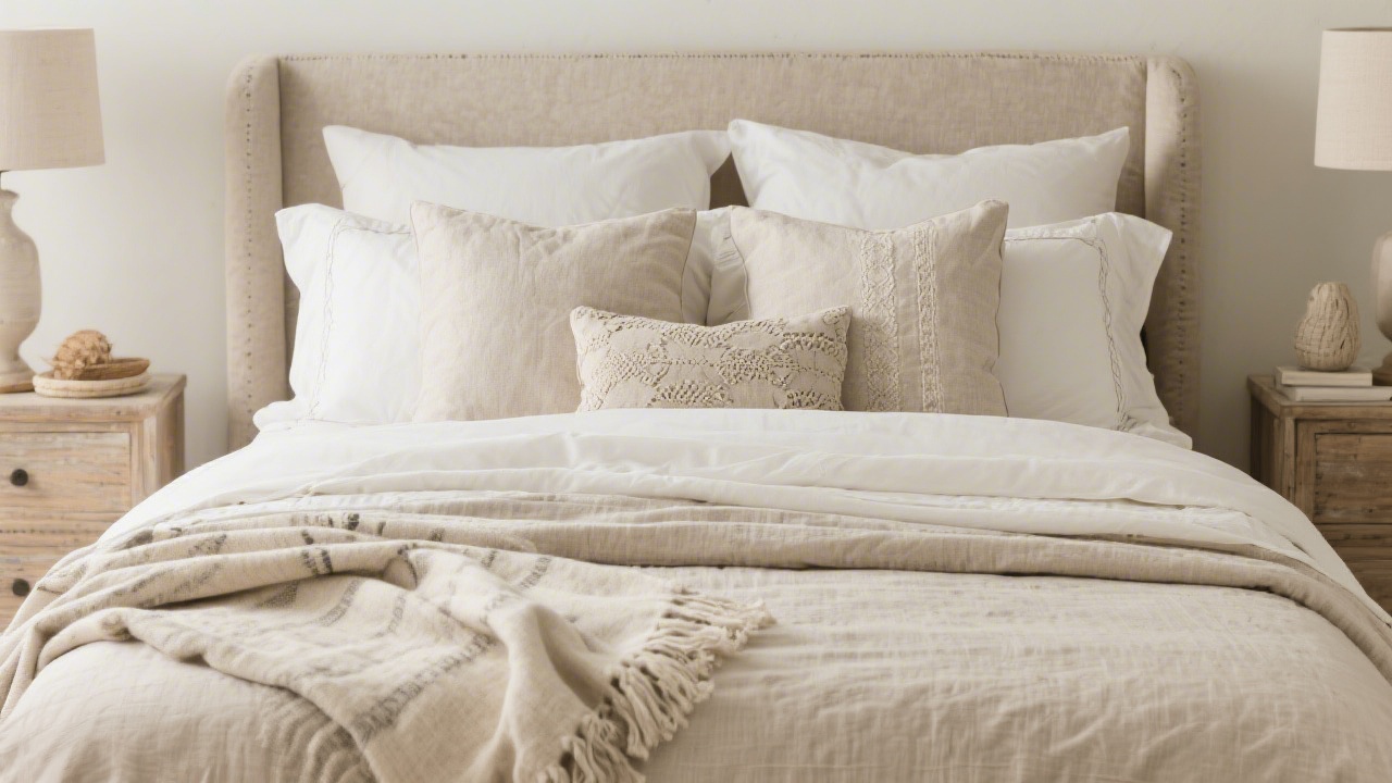 Layered bedding look with duvet, throw, and accent pillows
