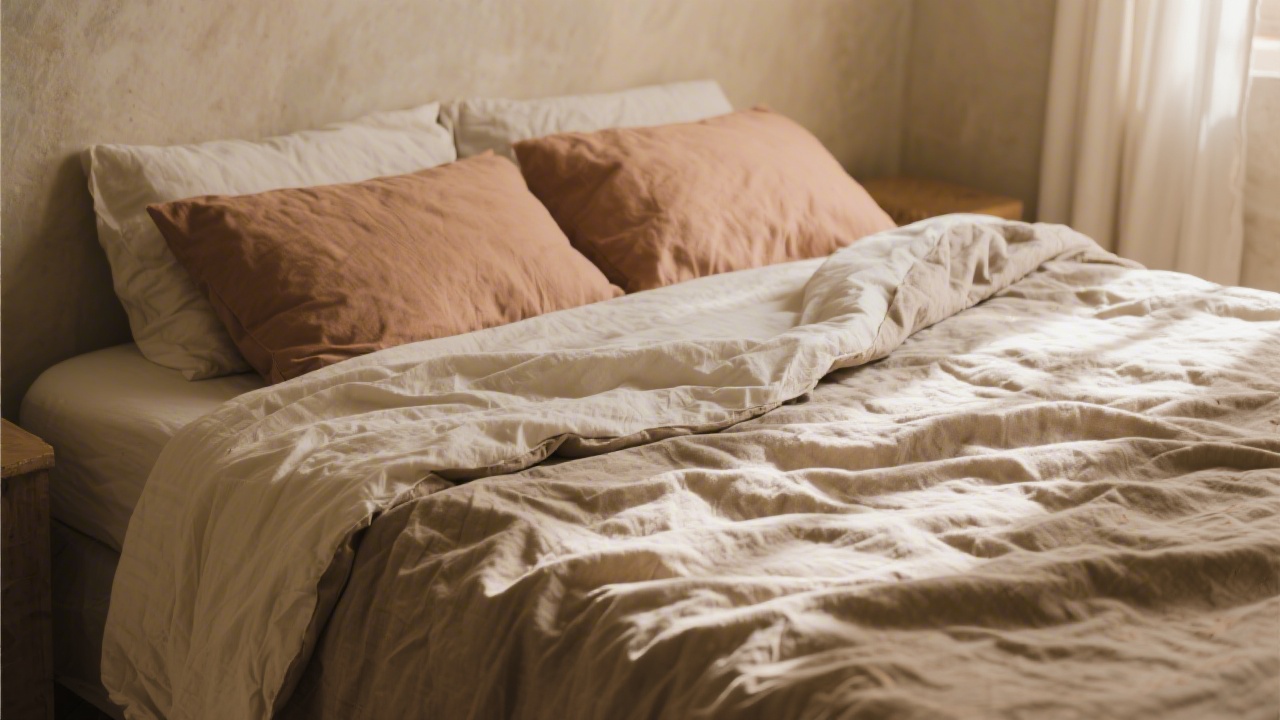 Linen bedding look with natural stone tones and relaxed texture