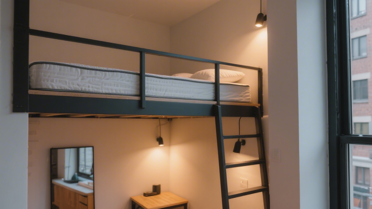 Adult loft bed with a slim mattress in a modern studio apartment