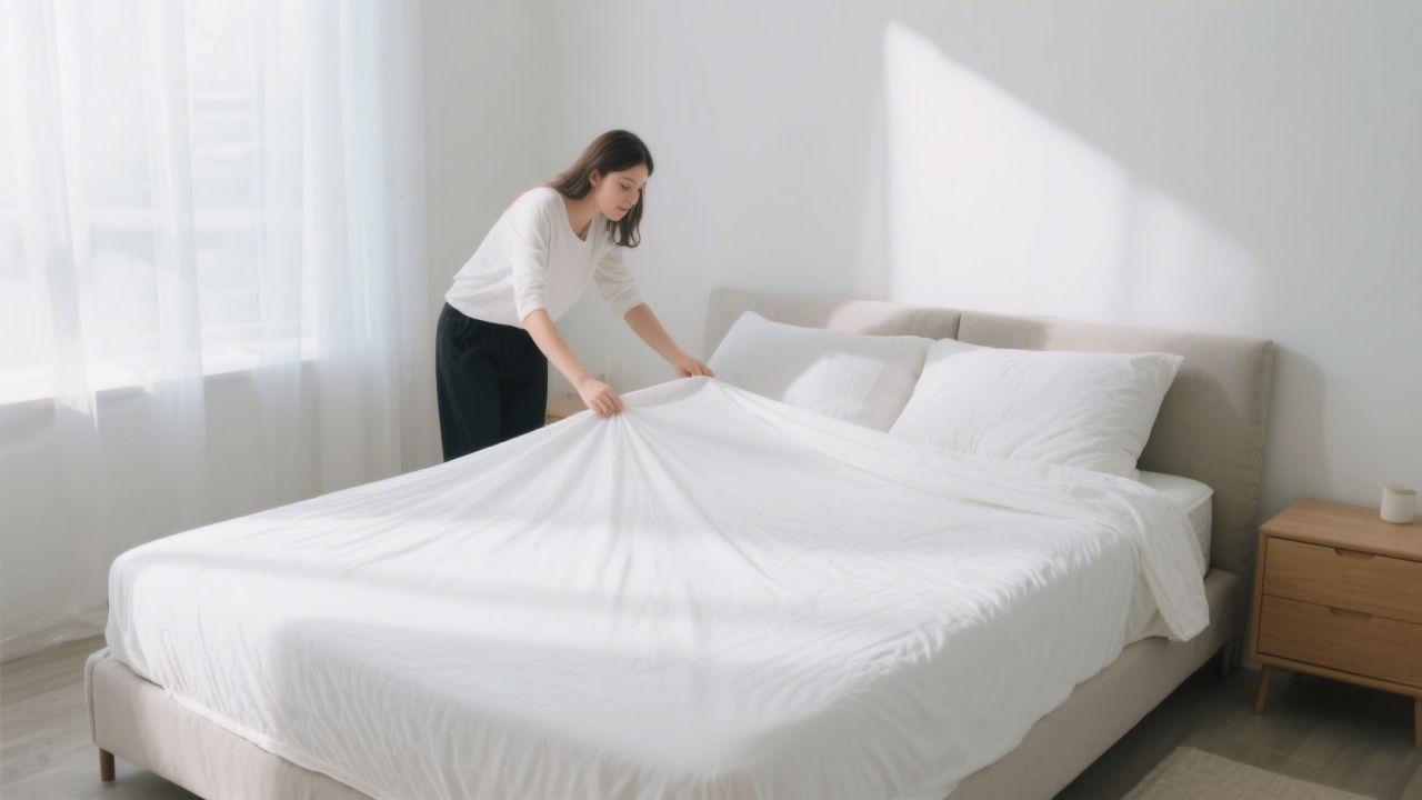 Person making bed with fresh white protective mattress cover, clean minimal modern bedroom, natural