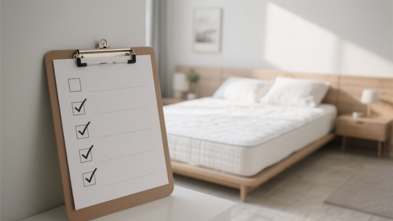 Mattress buying checklist on clipboard next to bedroom