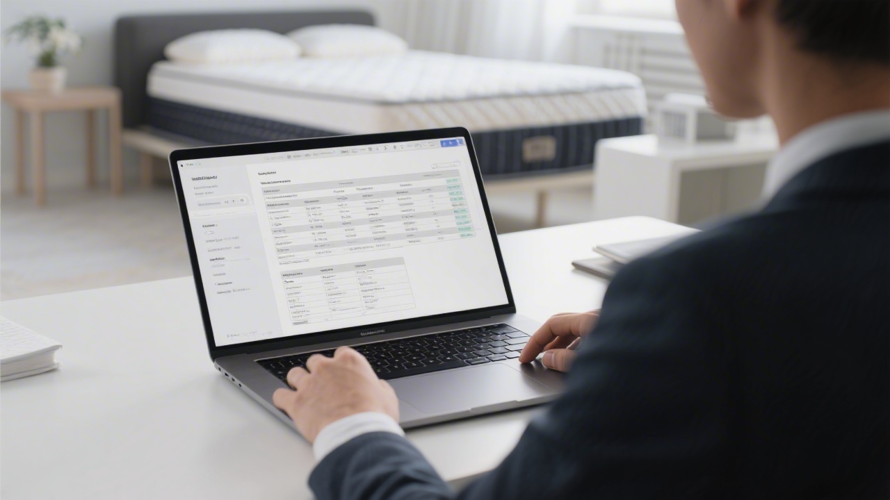 Person using laptop to compare mattress specifications objectively
