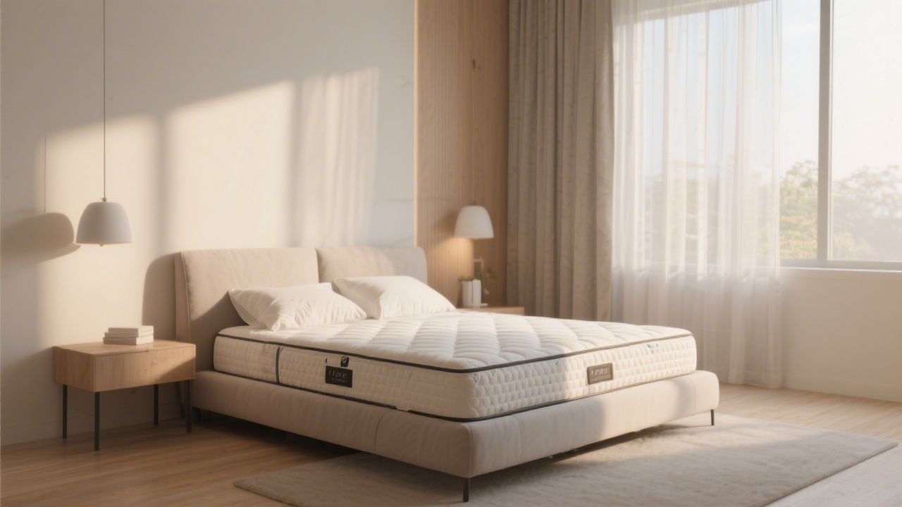 Premium mattress on a minimalist bed frame in a well-lit modern bedroom