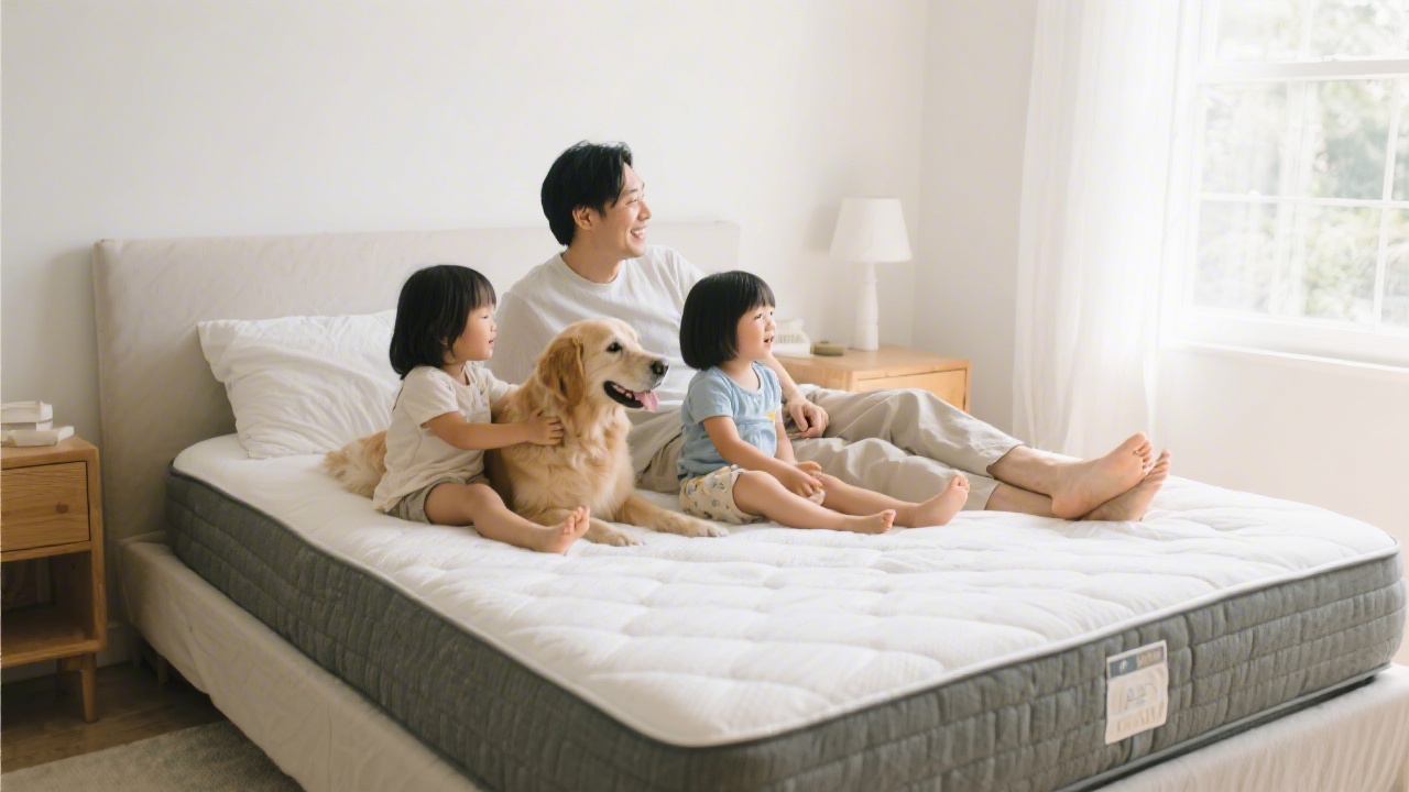 Family with children and dog sitting on a family mattress