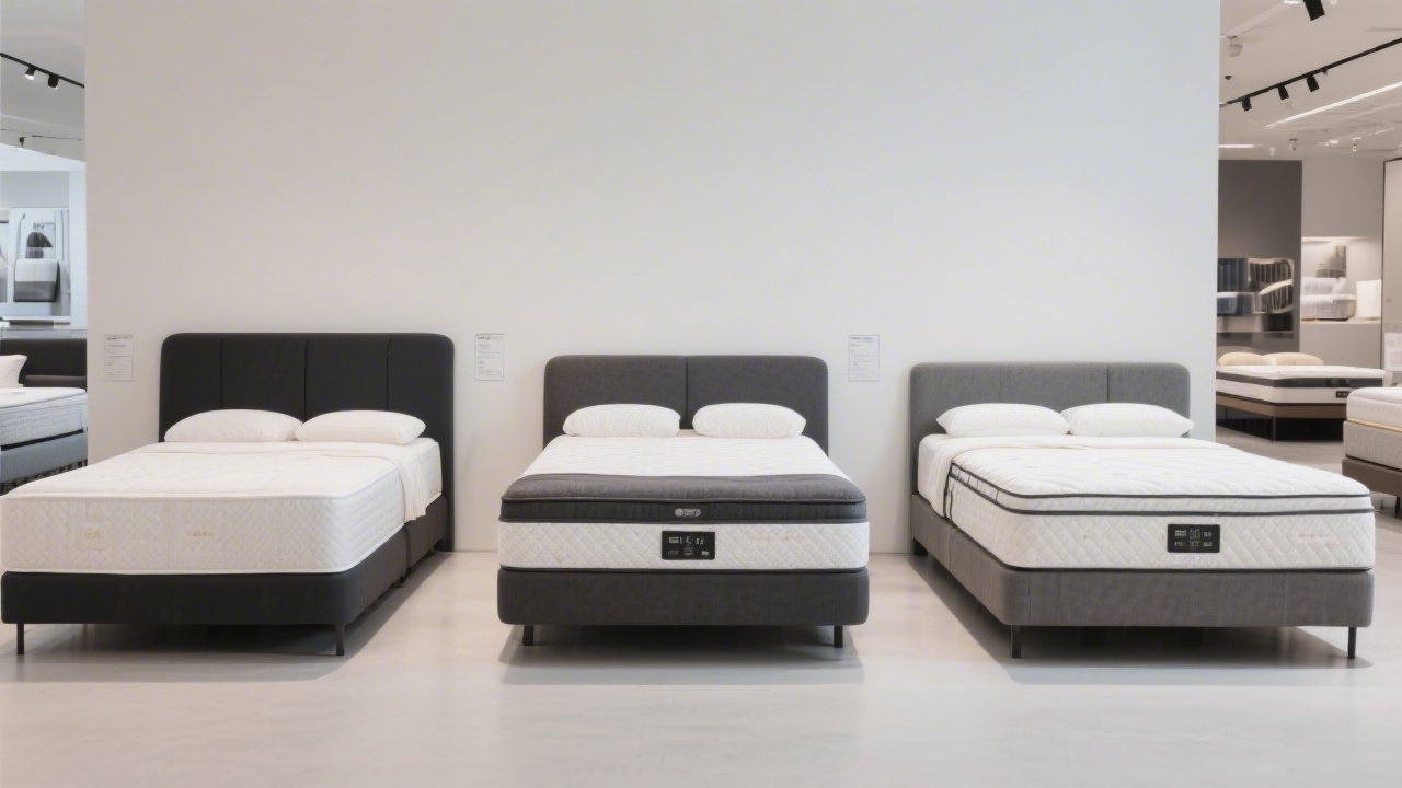 Side by side comparison of different mattress types on display in a clean modern showroom, editorial