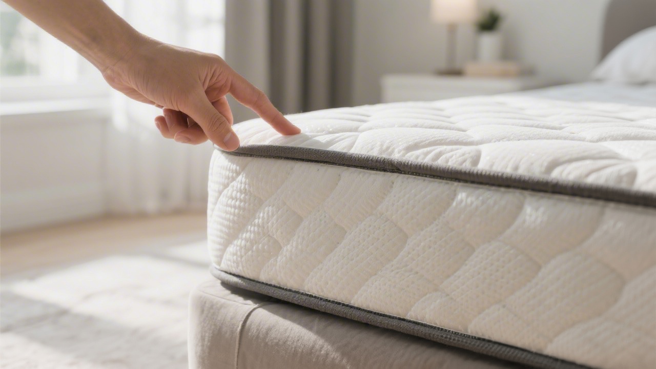 Close up of a mattress corner being inspected in natural light, clean modern bedroom, no text, photo