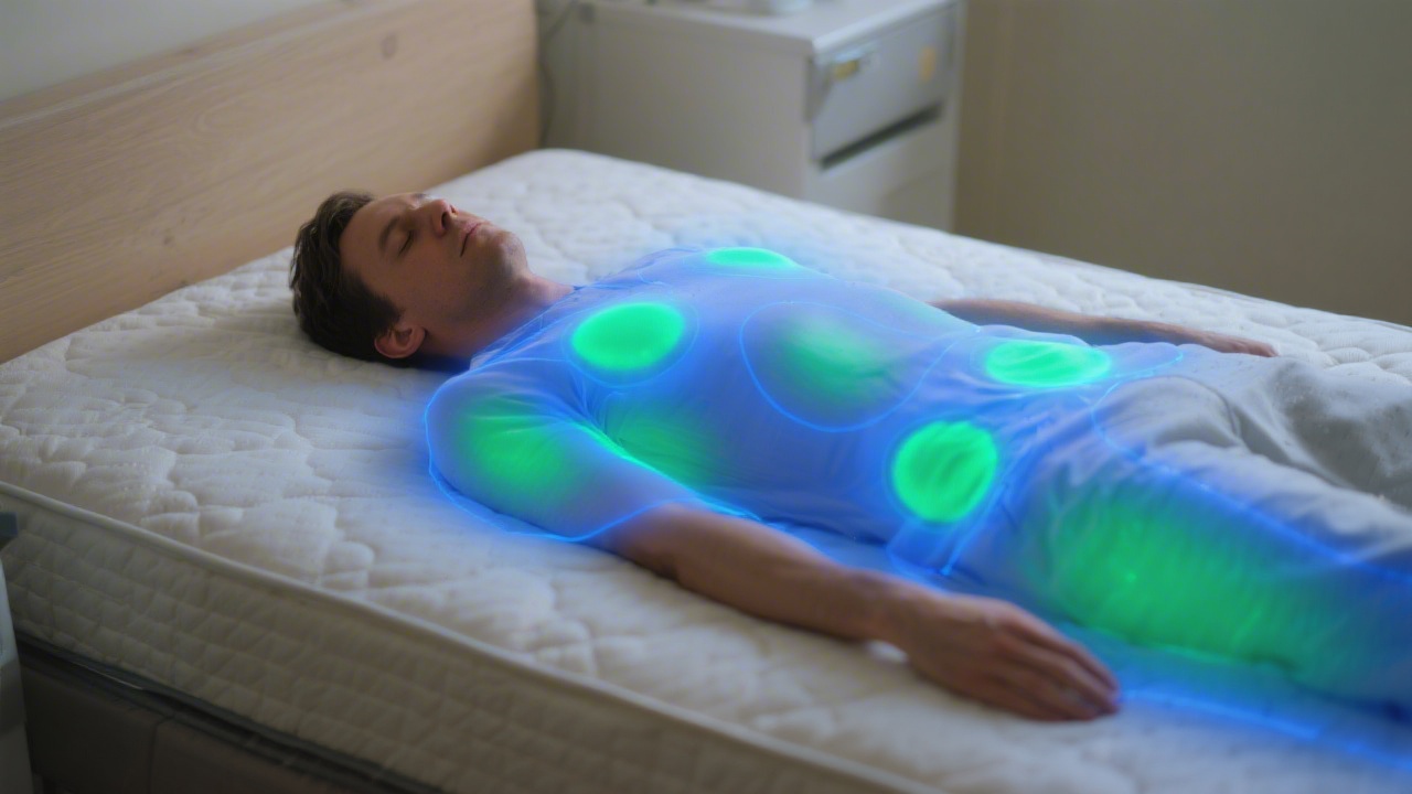 Pressure map showing how a mattress distributes body weight at shoulders and hips