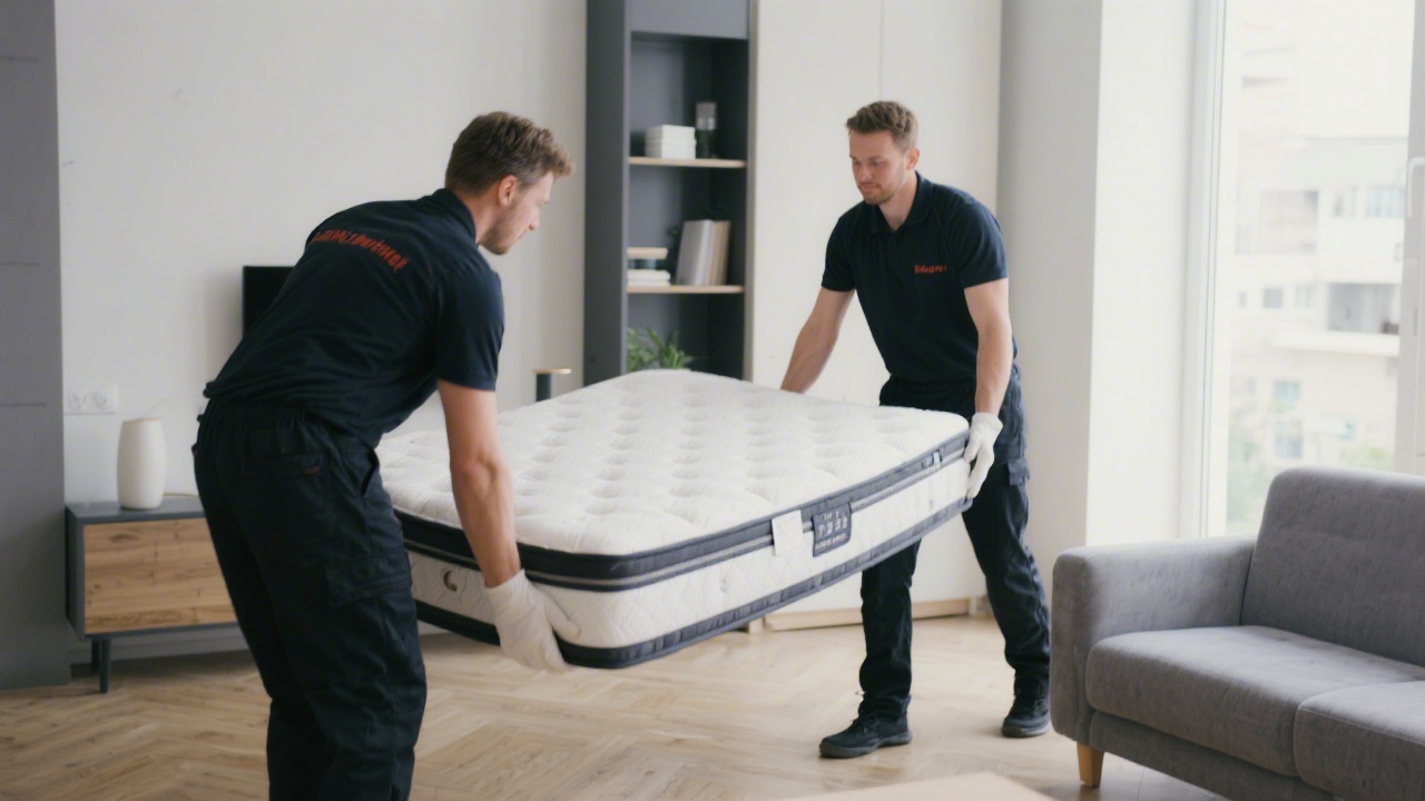 Mattress delivery team removing a mattress from a modern apartment, professional white-glove service
