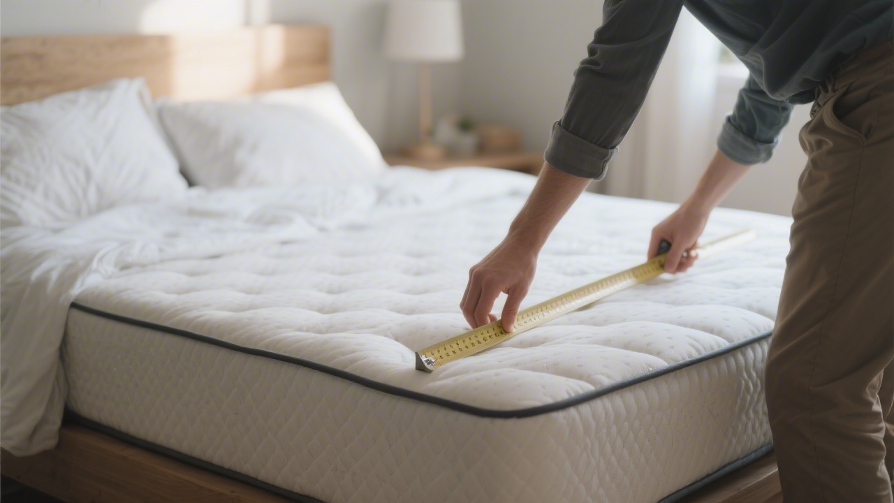 Person measuring mattress indentation with a ruler in a neat bedroom, natural light, photorealistic
