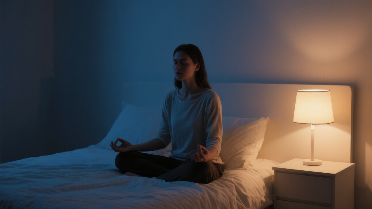 Person meditating quietly in a dim bedroom before sleep