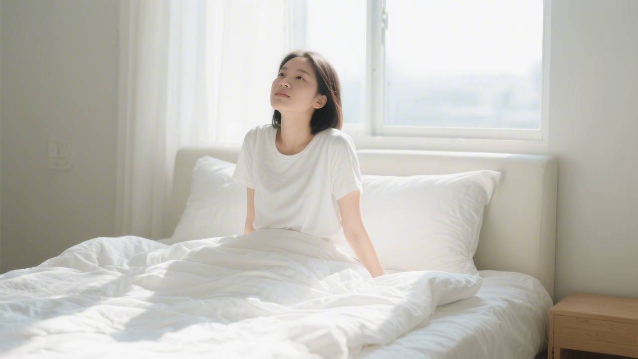 Person sitting up alert in bright morning sunlight representing good morning alertness